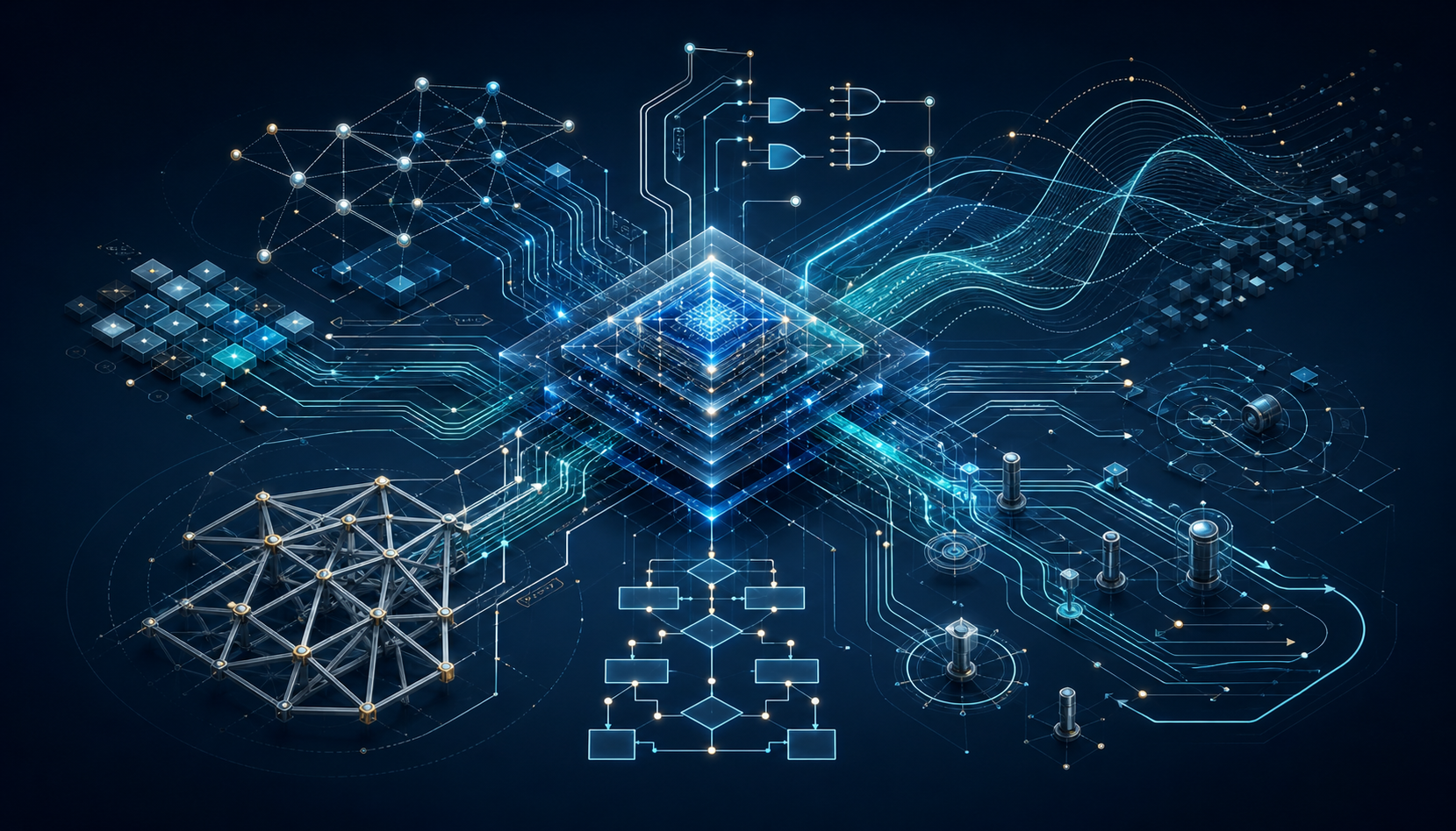 A computational core connecting algorithms, logic, data structures, waves, sensors, and engineered systems